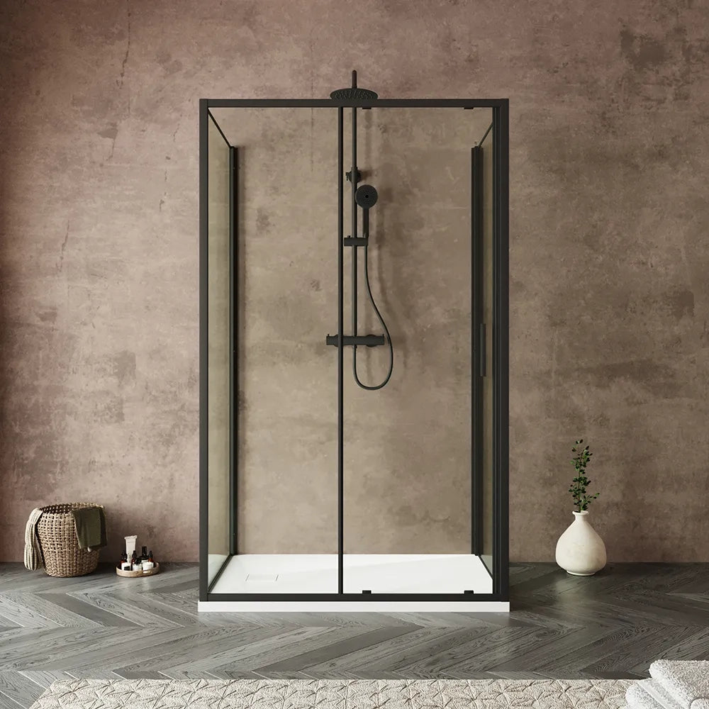Box doccia tre lati 70x120x70cm con porta scorrevole profili nero opaco e vetro 6mm trasparente h190 | Portofino