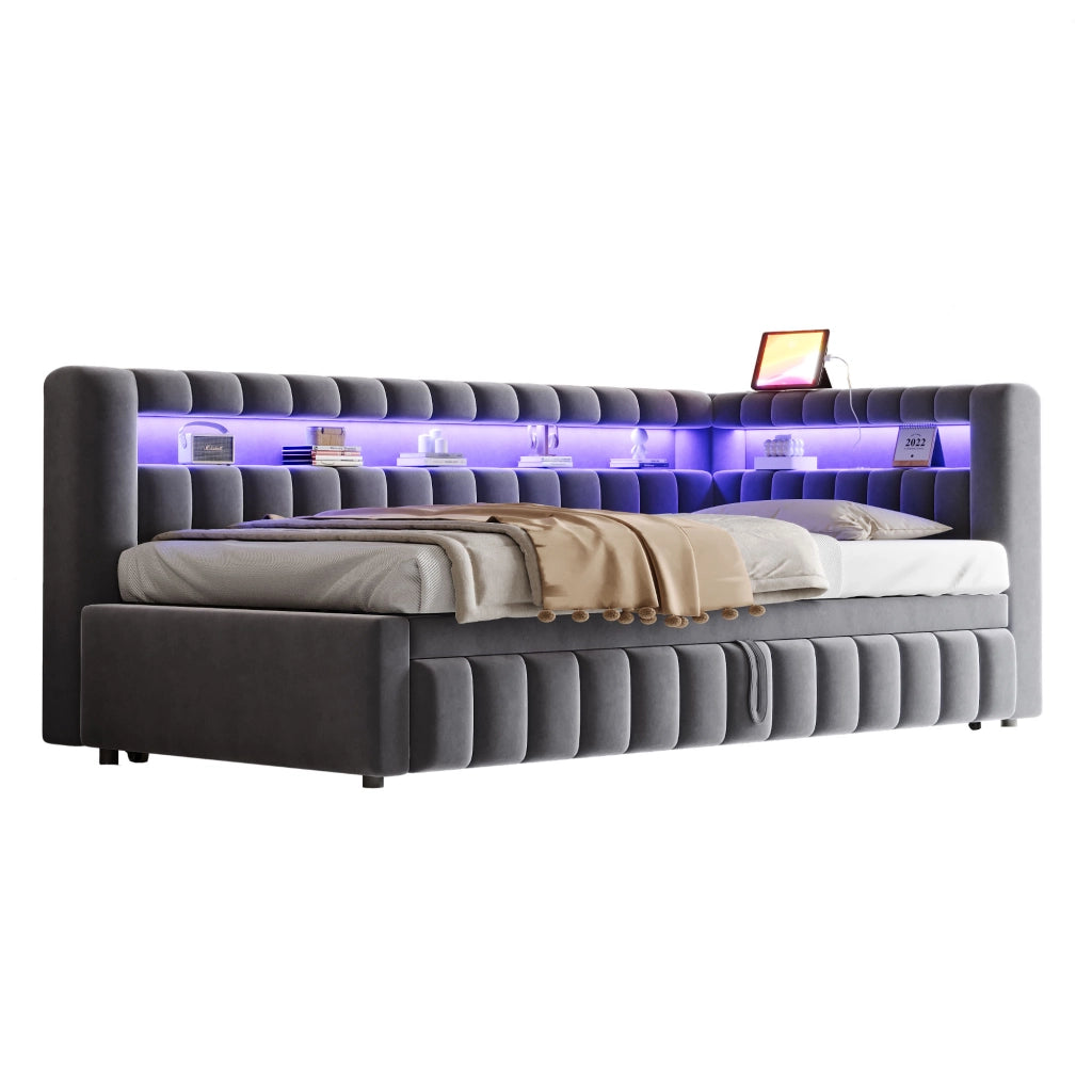 LETTO imbottito estraibile 90x200 cm velluto grigio con LED