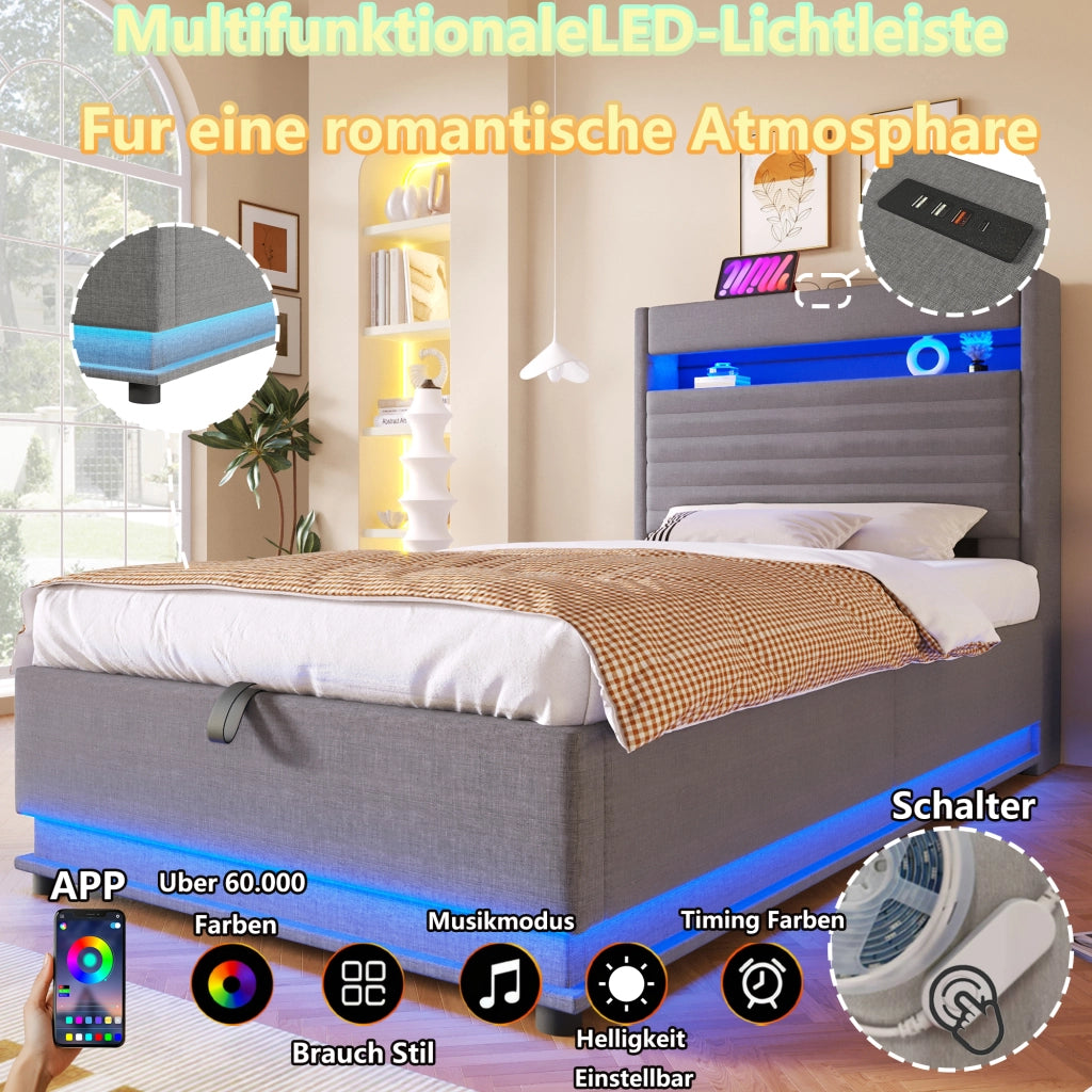LETTO Contenitore 140x200 cm in lino grigio con LED e USB-C