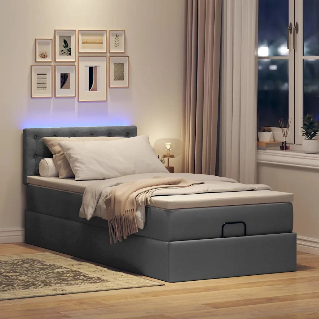 Pouf Letto con Materasso e LED Grigio Scuro 90x200 cm Tessuto