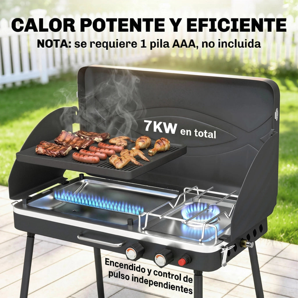 Barbecue a Gas Portatile 2 in 1 ¨C zephmum ¨C 7 kW Grigio Nero con Griglia e Piani