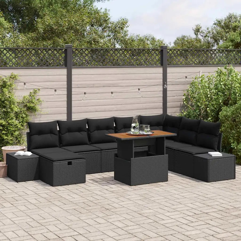 Set Divano da Giardino con cuscino 9 pcs Nero polyrattan