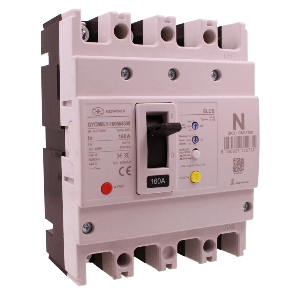 Interruttore Scatolato Con Differenziale Tipo A, 3P+N 160A Icu 35kA Ics 25kA AC 400V, Idn Regolabile 50 100 300 500mA, Ritardo di Intervento Regolabile 0.1-2S,Ui 1000V Uimp 8kV, MCCB+ELCB