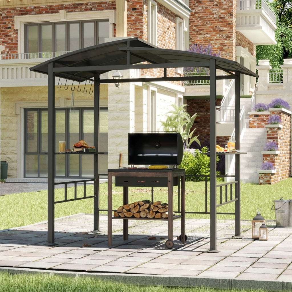 Gazebo barbecue con tetto in policarbonato ventilato mensole laterali ganci, Gazebo barbecue struttura in metallo Nero
