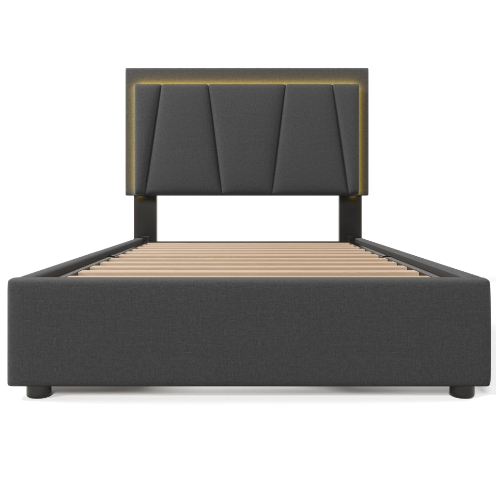LETTO Singolo 90x200 cm Grigio con LED e 2 cassetti, testiera regolabile
