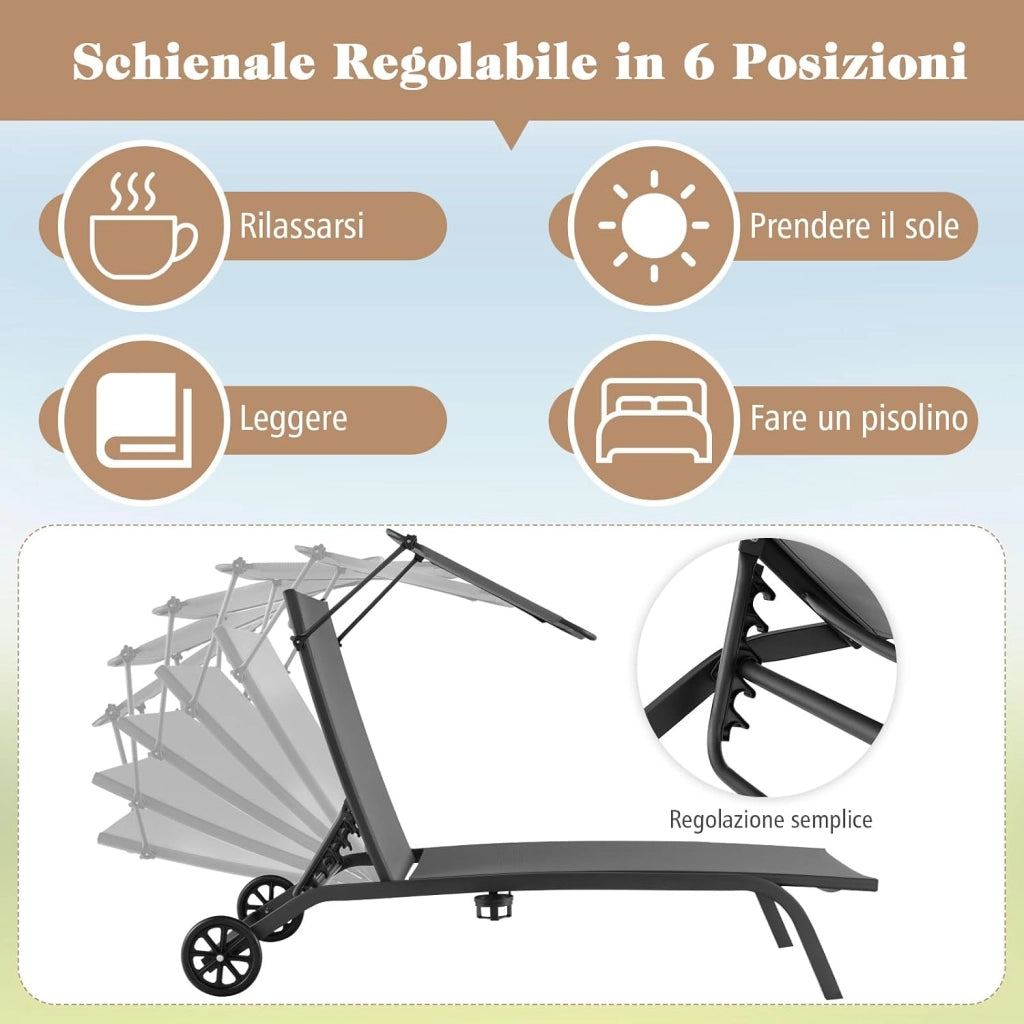 Lettino Prendisole da Giardino, Sdraio Reclinabile con Ruote Tettuccio, con Schienale Regolabile in 6 Livelli, Lettino da Giardino con Portabicchieri a Scomparsa, Portata 150 kg (1, Grigio)