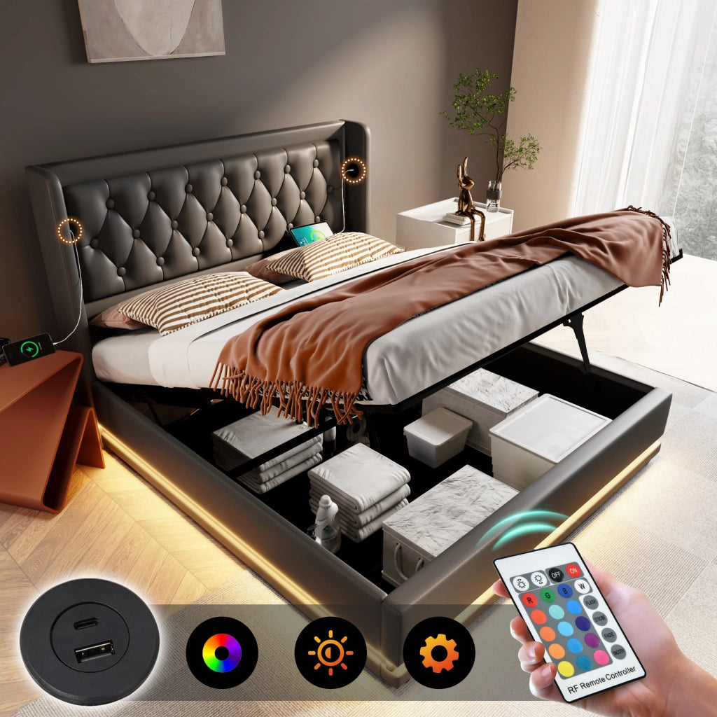 LETTO Contenitore 140x200 cm in PU Nero con USB e LED