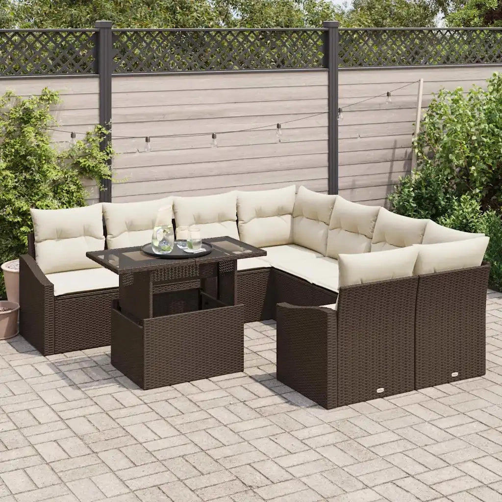 Set Divano da Giardino 9 pcs Marrone e Crema polyrattan 3348974