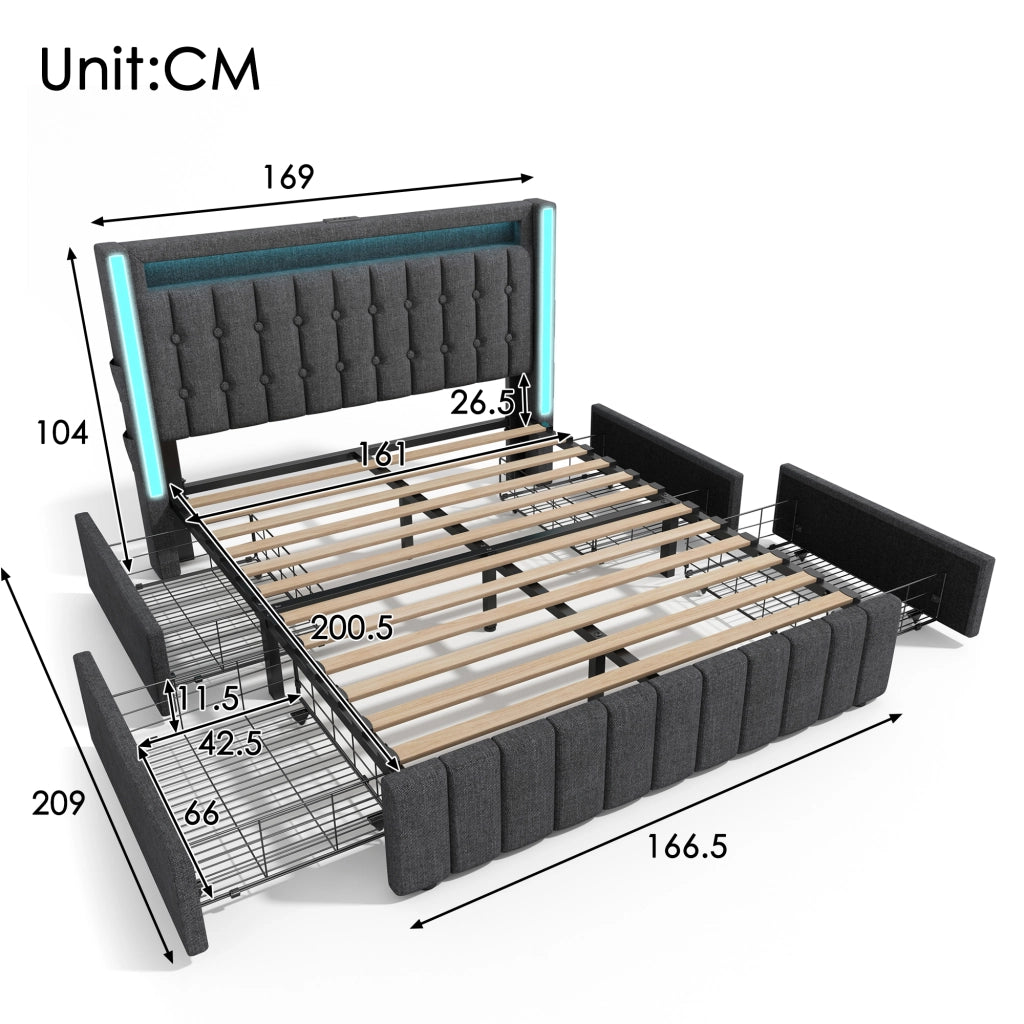 LETTO in lino 160x200 cm grigio con USB, LED e 4 cassetti