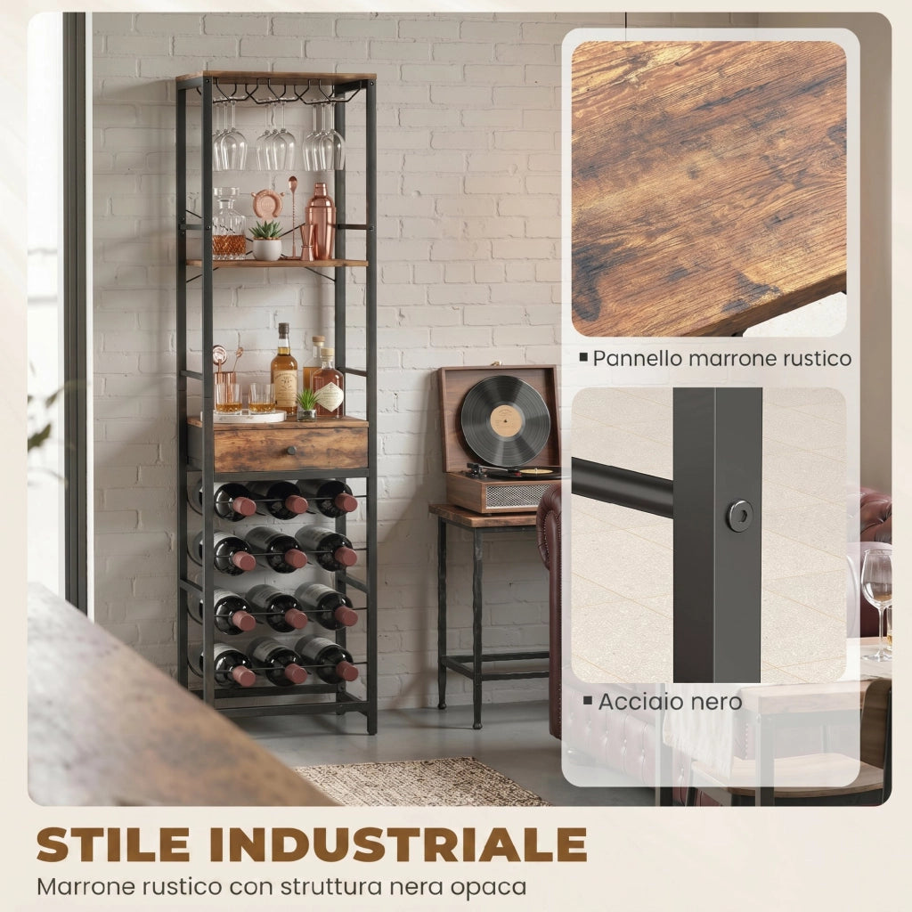 Mobile Bar con Cassetto e Portabicchieri ¨C Xylo ¨C Legno Marrone Rustico