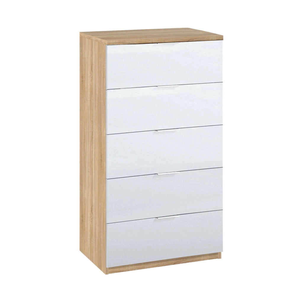 Cassettiera Armenia, Settimanale a 5 cassetti, Mobile ComÒ² per camera da letto, Settimanale moderno, cm 60x40h110, Rovere e Bianco