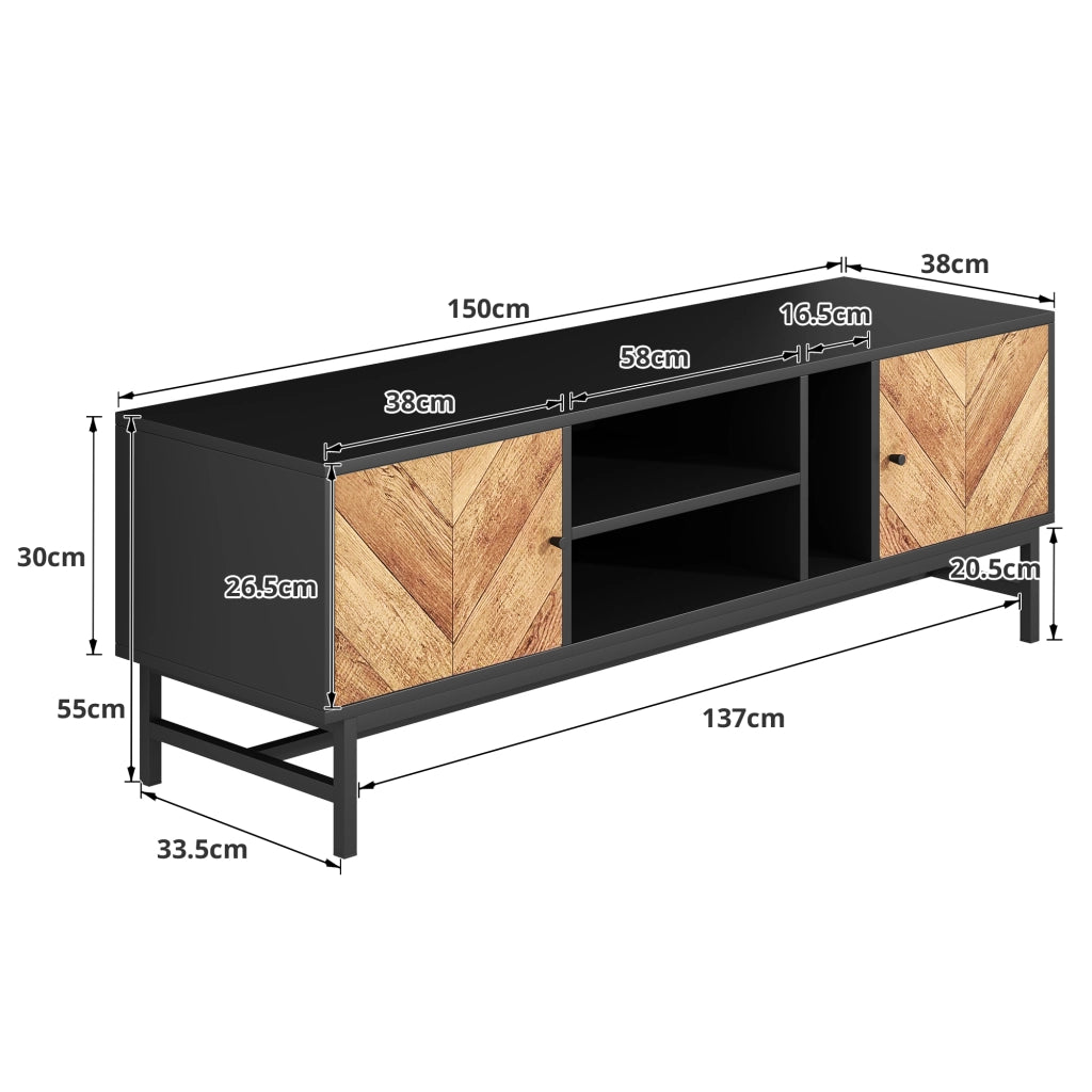 Mobile TV 150 cm - Zephmum- Nero e legno, design contrasto, stoccaggio versatile