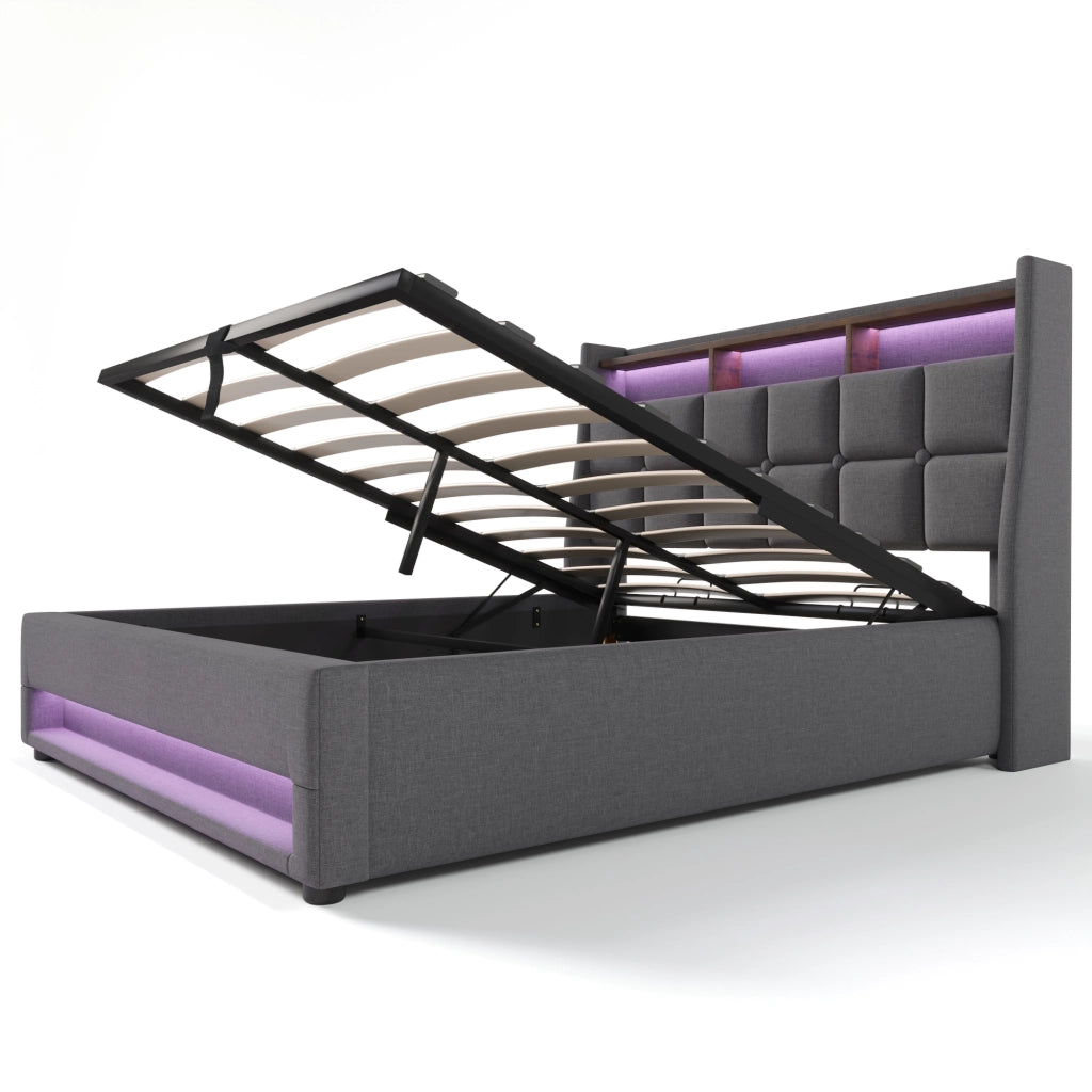 LETTO Contenitore 140x200 cm Grigio in Lino con USB e LED