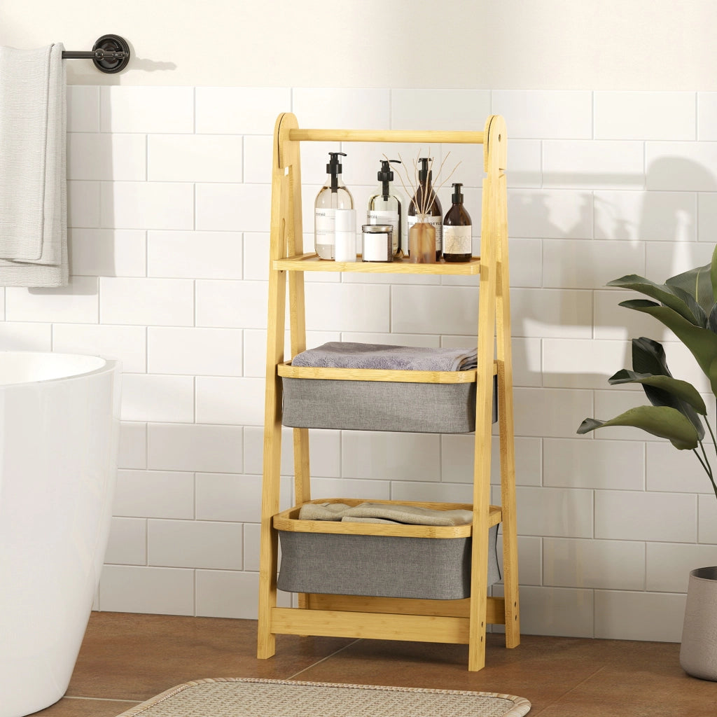 Ripiano Bagno Pieghevole in Bamb¨´ con 2 Cestini ¨C Minimal ¨C Grigio