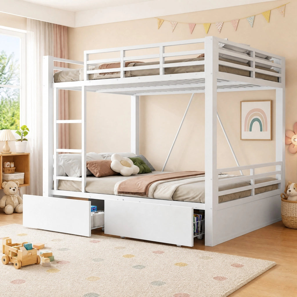 LETTO a castello con cassetti 140x200 cm Metallo e legno Bianco