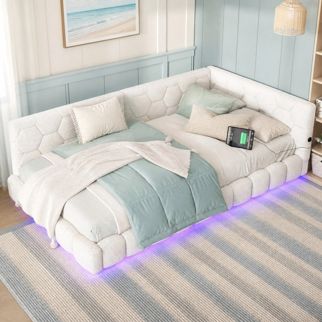 Daybed 90x200 cm in Vliesimitat bianco con luce LED ambientale, USB e Type-C