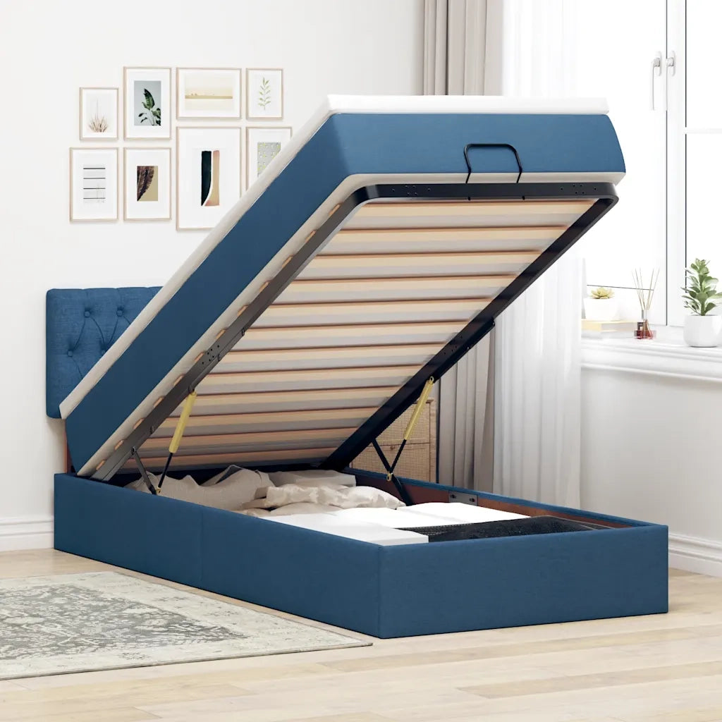 Pouf Letto con Materasso e LED Blu 90x200 cm in Tessuto