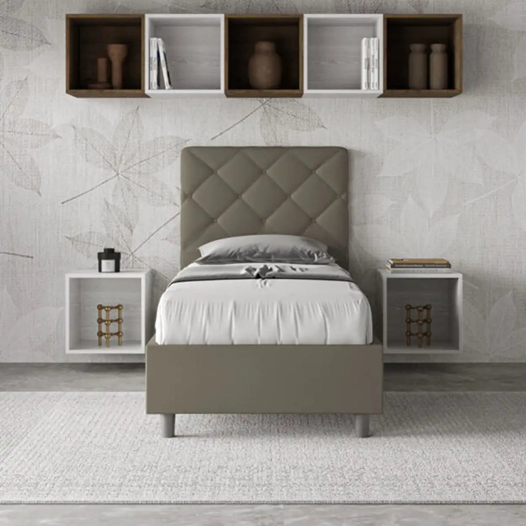 Letto singolo contenitore imbottito 90x200 similpelle cappuccino Priya