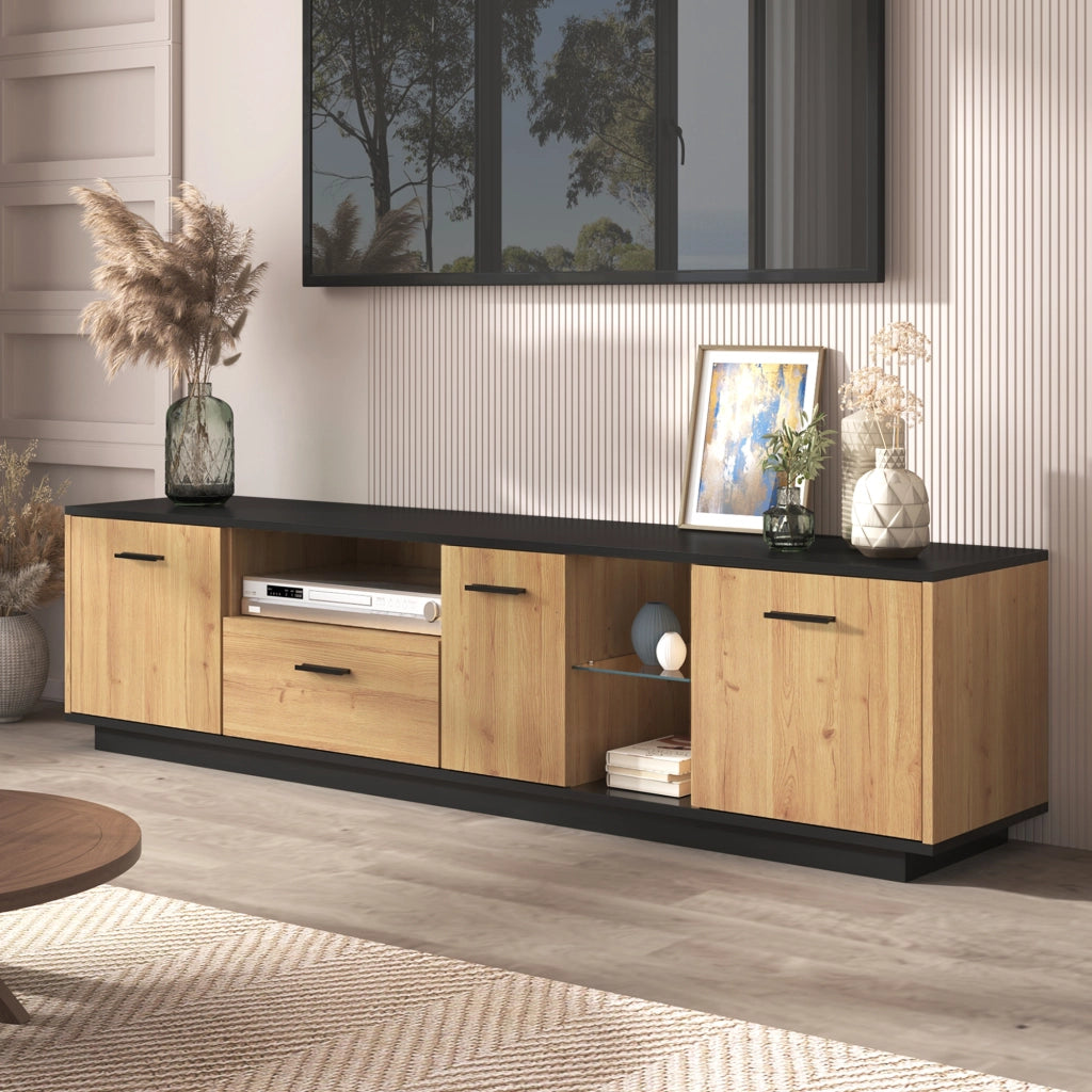 Mobile TV con cassetto e LED - Zephmum- Nero e legno naturale