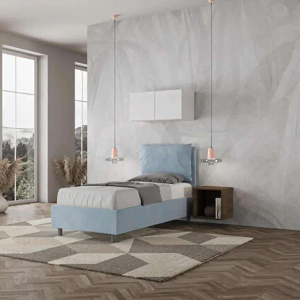 Letto singolo senza rete imbottito 80x190 microfibra azzurro Antea
