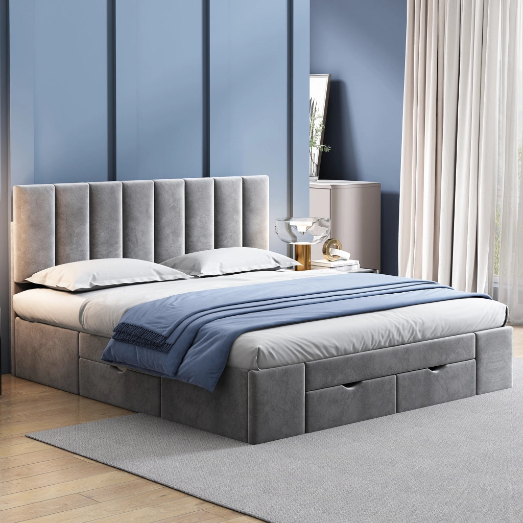Letto imbottito 160x200 cm in velluto grigio con rete a doghe e 4 cassetti