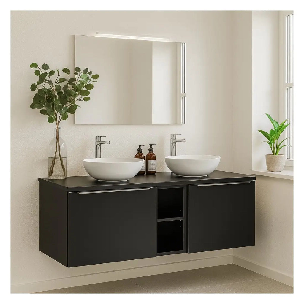Set da bagno VANTA: mobile sotto lavabo 140cm + piano lavabo + 2 lavabi da appoggio