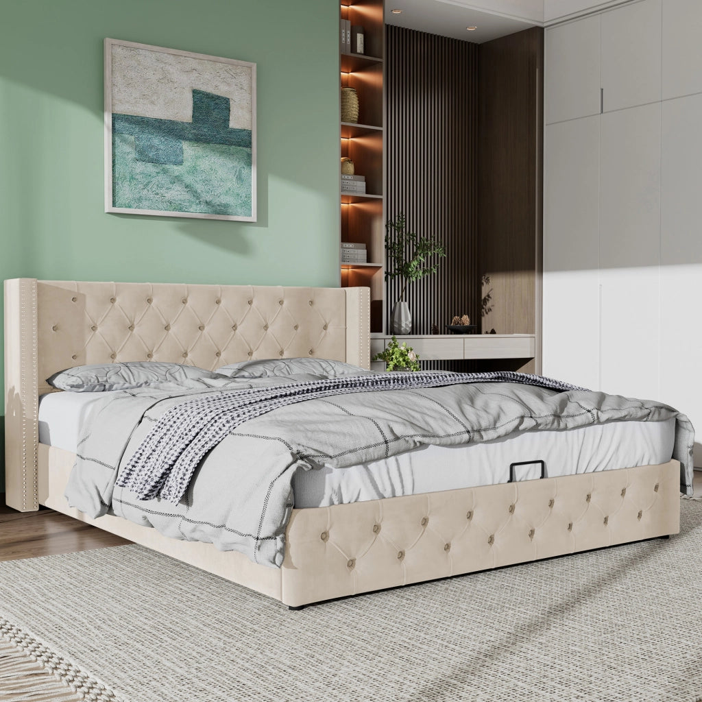 LETTO Imbottito Contenitore 160x200 cm Velluto Beige