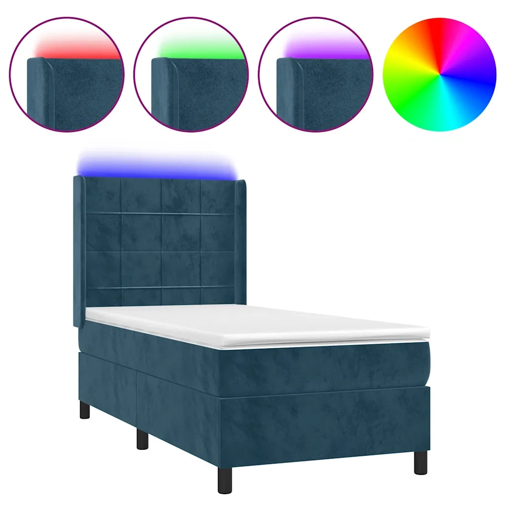 Letto a Molle con Materasso e LED Blu Scuro 90x200cm in Velluto 3139545