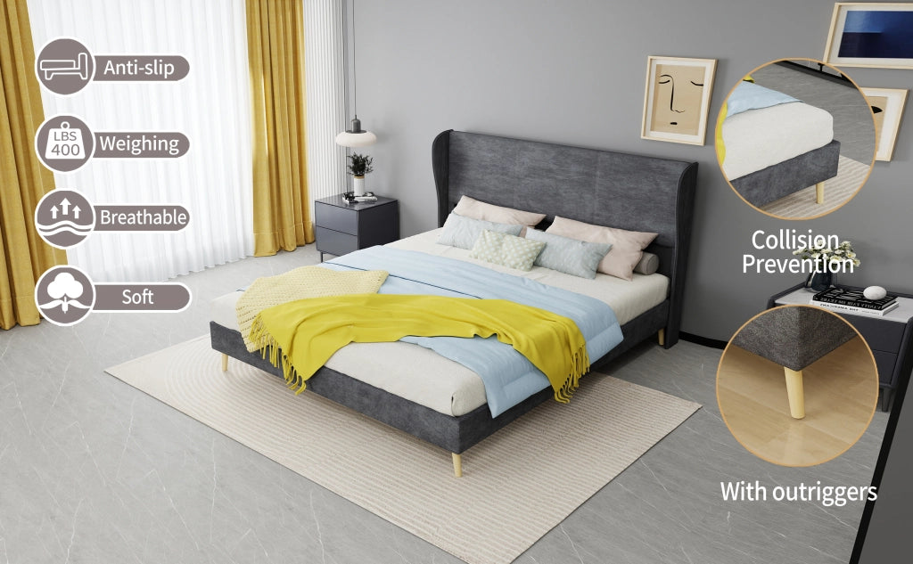 Letto imbottito moderno 160×200 cm in velluto olandese grigio con testiera morbida, base bassa senza contenitore, materasso 160×200 incluso