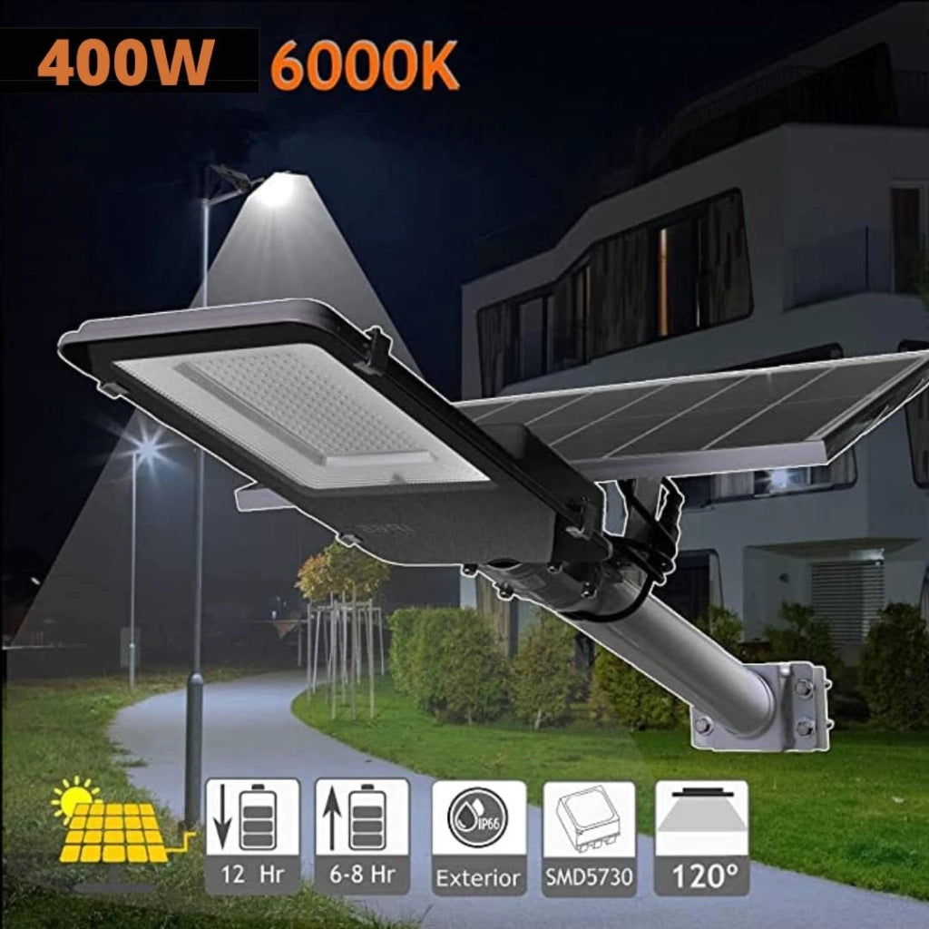 Lampione Solare esterno 400W con Pannello fotovoltaico, LED 6500K Bianco Freddo