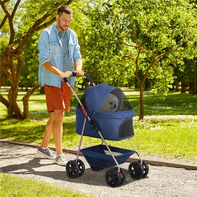 PASSEGGINO PER CANI 3 IN 1 PIEGHEVOLE CON BORSA TRASPORTINO E CESTINO INFERIORE BLU