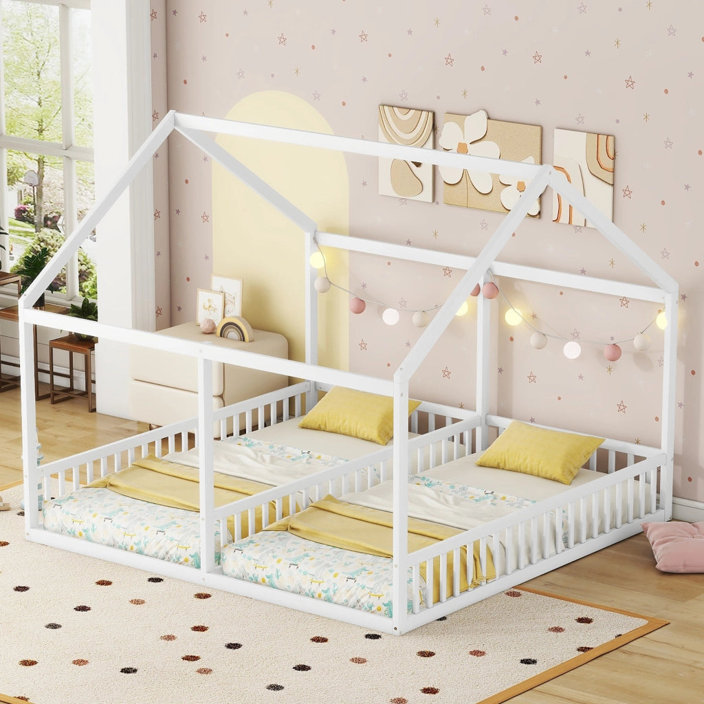 Letto singolo 90x200 in legno di pino e MDF, design a casetta, bianco