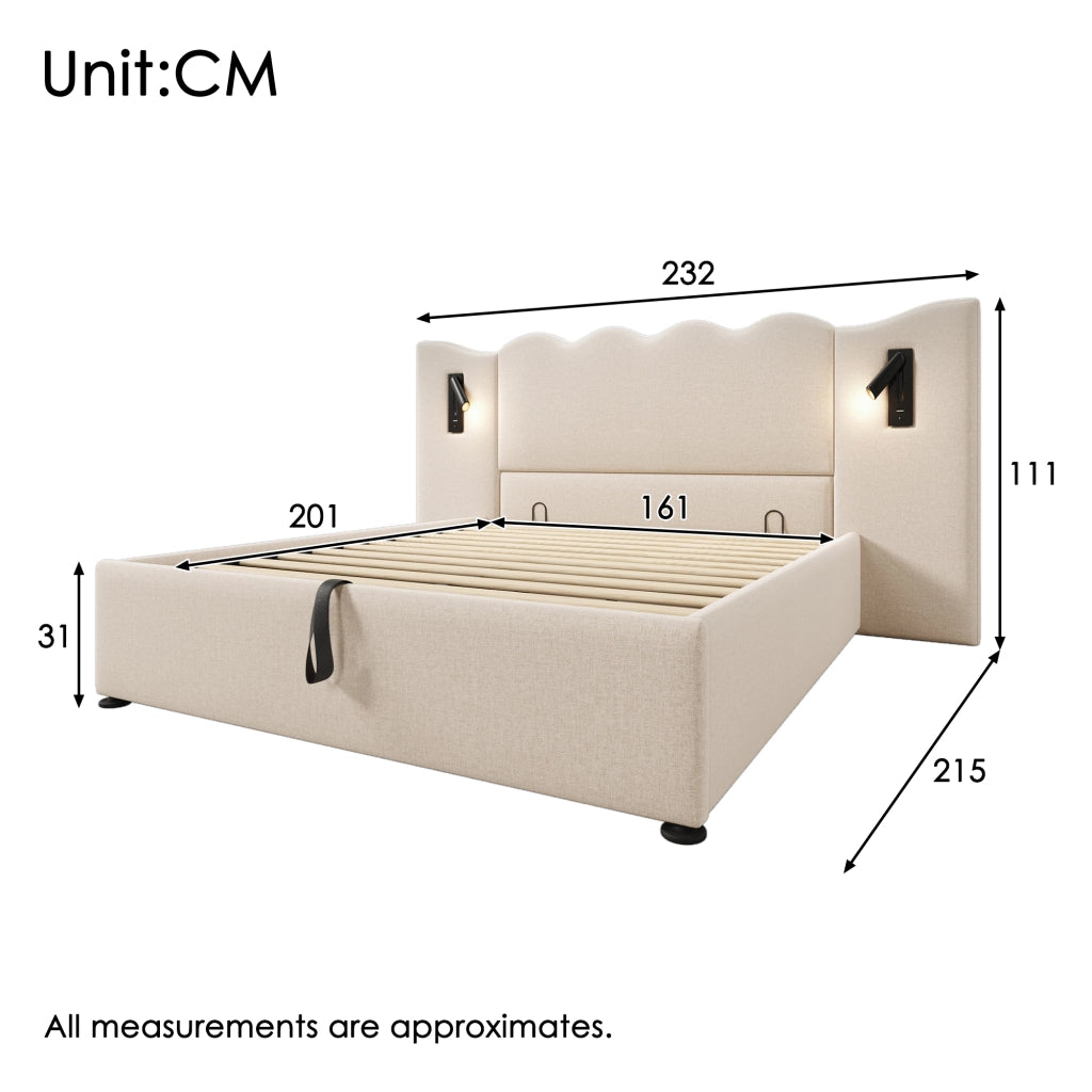 LETTO Contenitore 160x200 cm Beige in lino con lampada da lettura e USB Type-C
