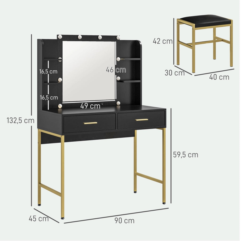 Cassettiera da trucco con specchio e luci, sgabello imbottito ¨C Minimal ¨C nero