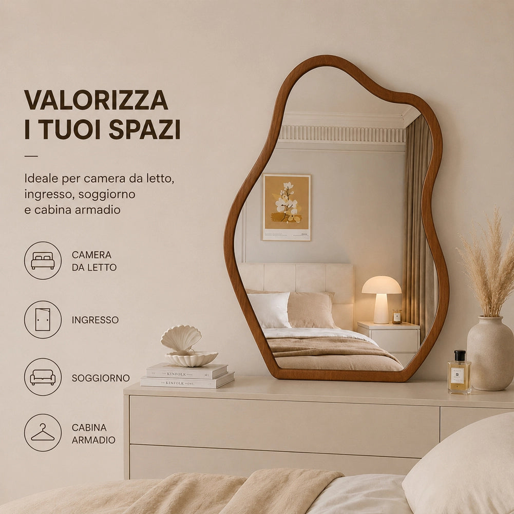 Specchio Asimmetrico da Parete 46x60 cm Cornice in Legno Noce