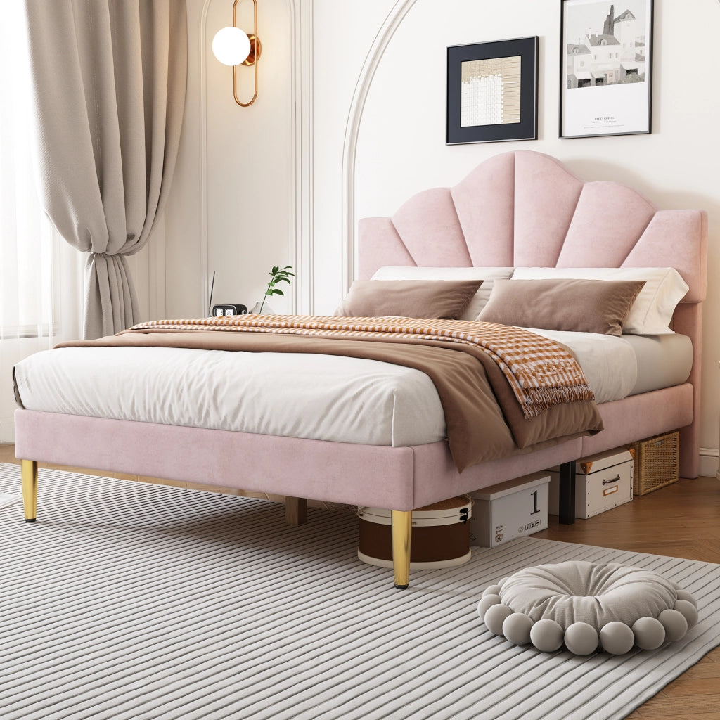 OKWISH Letto Imbottito 140×190 cm, Letto Matrimoniale con Testiera Regolabile e Piedini in Ferro Dorati, senza Materasso, Velluto Rosa