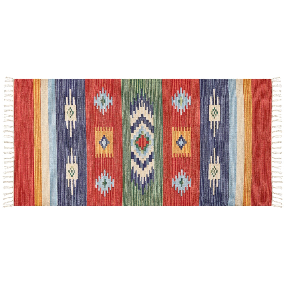 Tappeto Kilim in cotone tessuto a mano reversibile con motivi geometrici e nappe  multicolore 80 x 150 cm soggiorno camera da letto