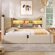 LETTO 140x190 cm in lino beige con LED, USB e testiera L reversibile