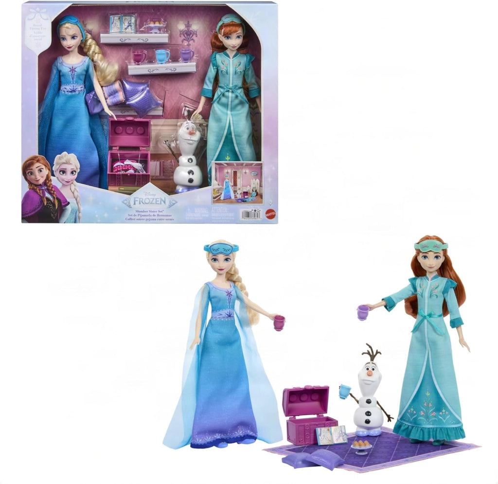 Disney Frozen - Pigiama Party tra Sorelle, set con bambole Anna e Elsa, personaggio Olaf e 12 accessori a tema inclusi t