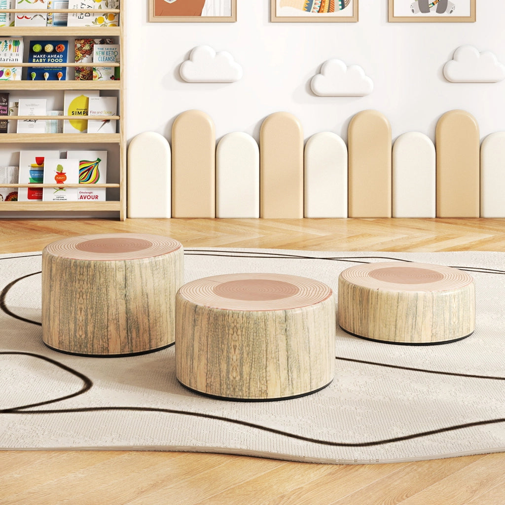 Set 3 sgabelli ceppo albero cuscini pavimento stampa legno altezze diverse-Sgabelli rotondi bambini aula casa asilo  tinta legno chiara