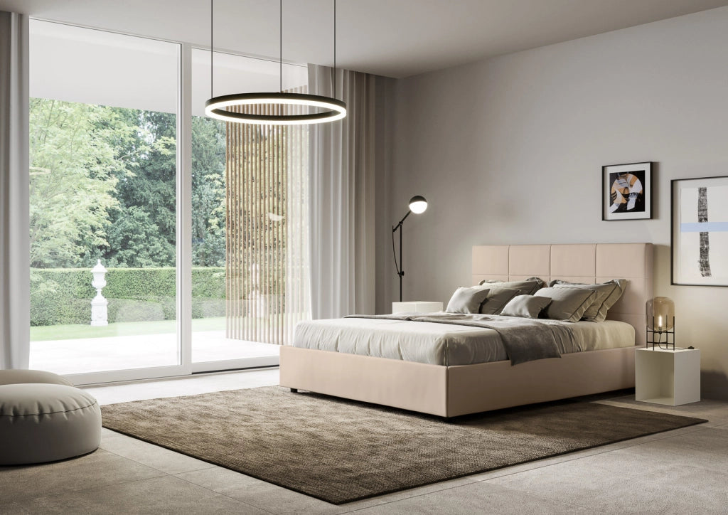 BS COM Letto matrimoniale francese con rete imbottito 140x210 similpelle tortora