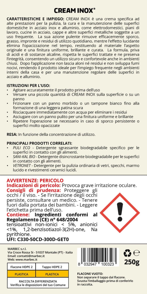 Crema detergente e lucidante per acciaio inox, elimina aloni e impronte Marbec CREAM INOX® - 250GR