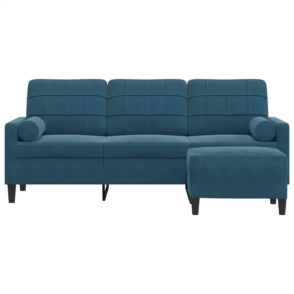 Divano a 3 Posti con Poggiapiedi Blu 180 cm in Velluto