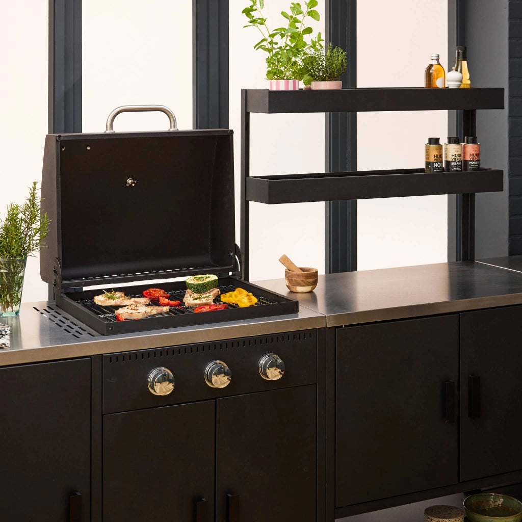 Modulo cucina da esterno con barbecue a gas a 3 bruciatori, 5 moduli,