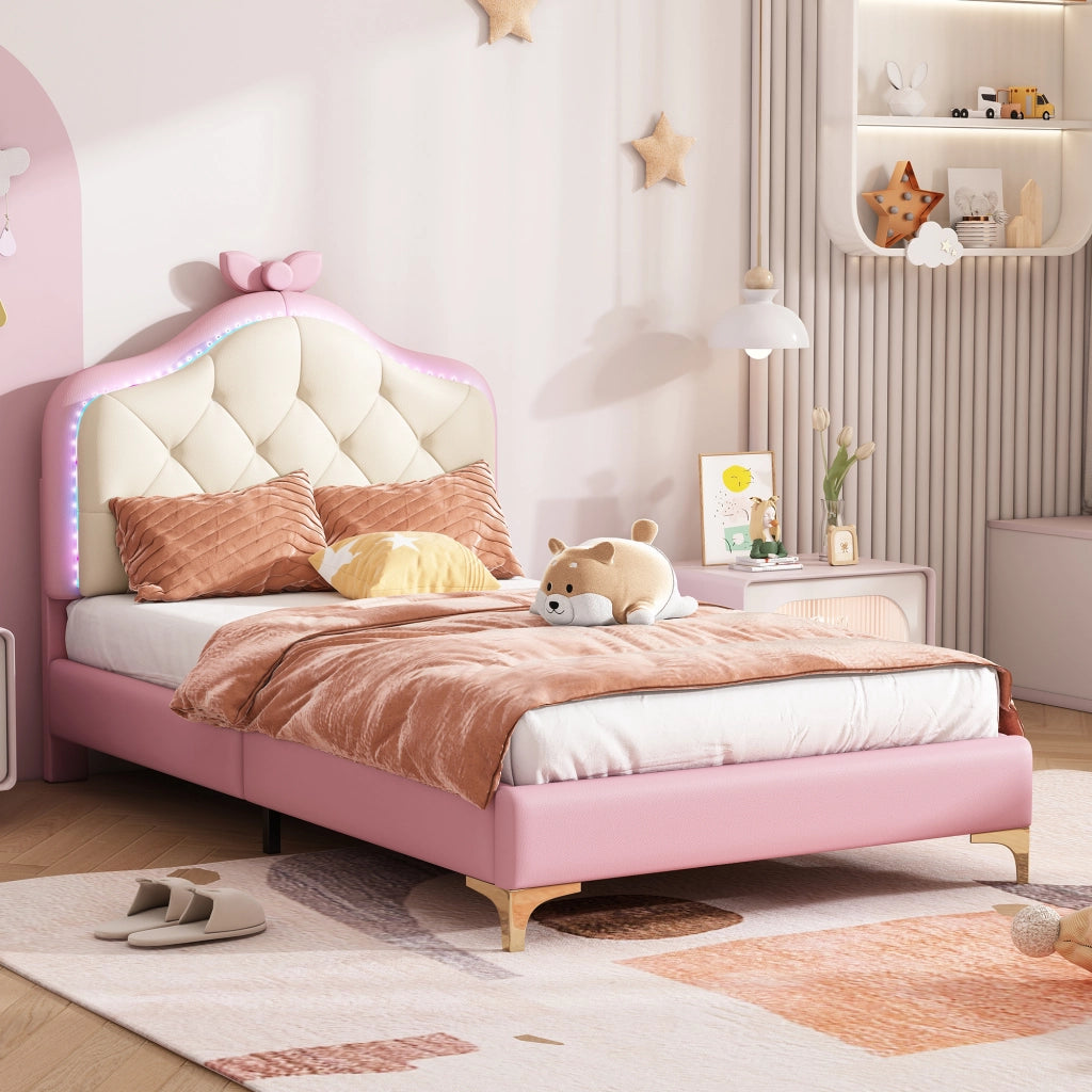 LETTO Imbottito 90x200 cm PU Bianco/Rosa con testiera ondulata e LED