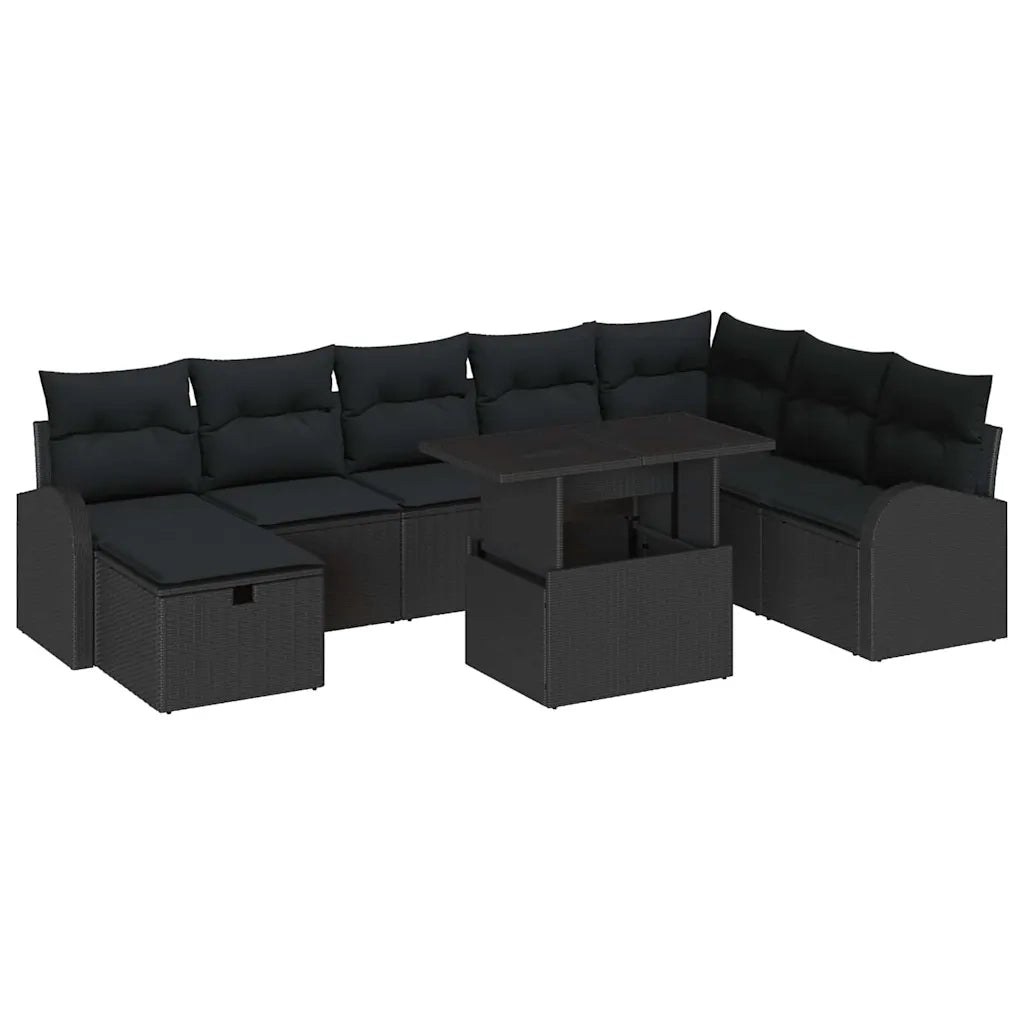 Set Divano da Giardino con cuscino 9 pcs Nero Poly Rattan