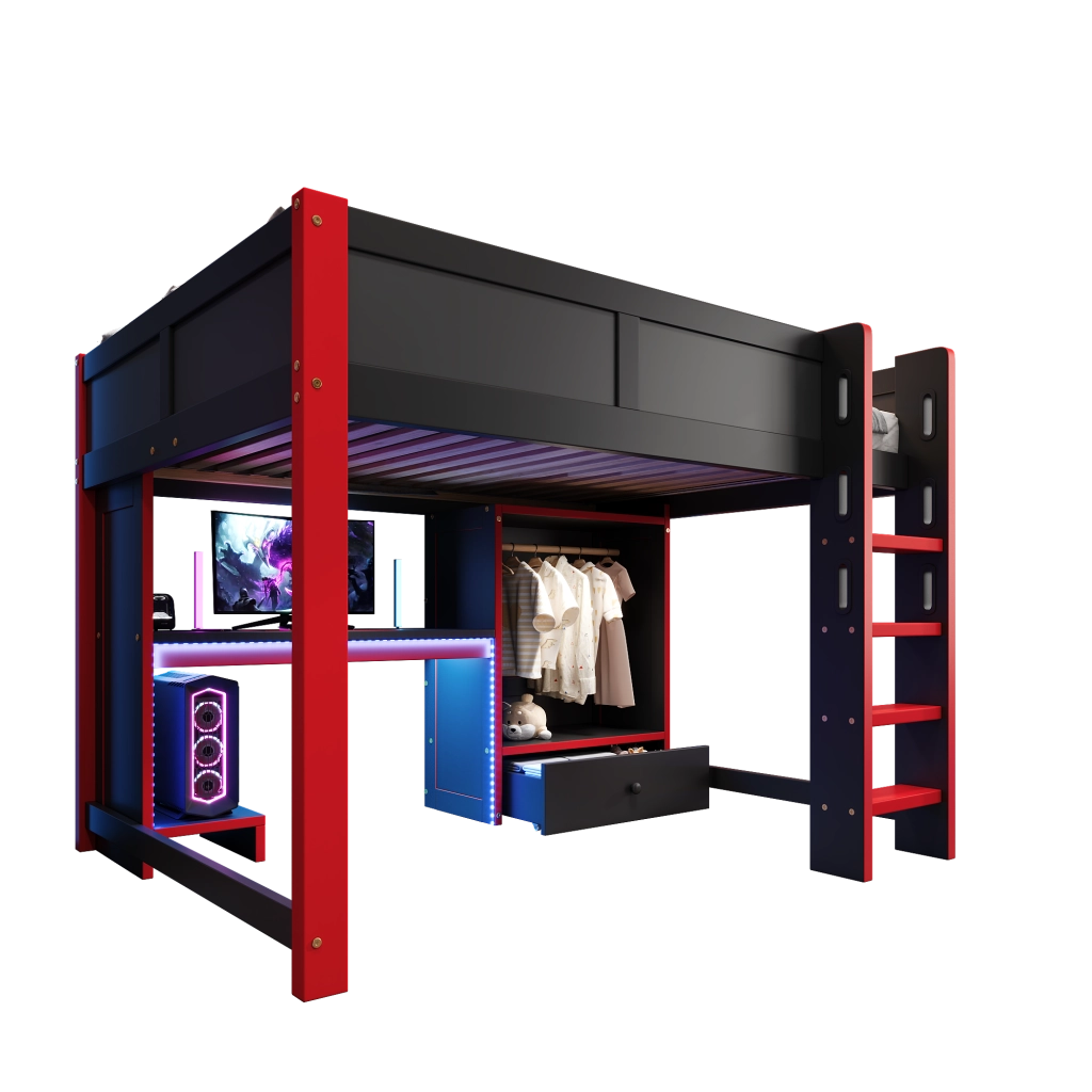 LETTO A CASTELLO gaming 140x200 cm nero e rosso con scrivania, armadio e ripiani