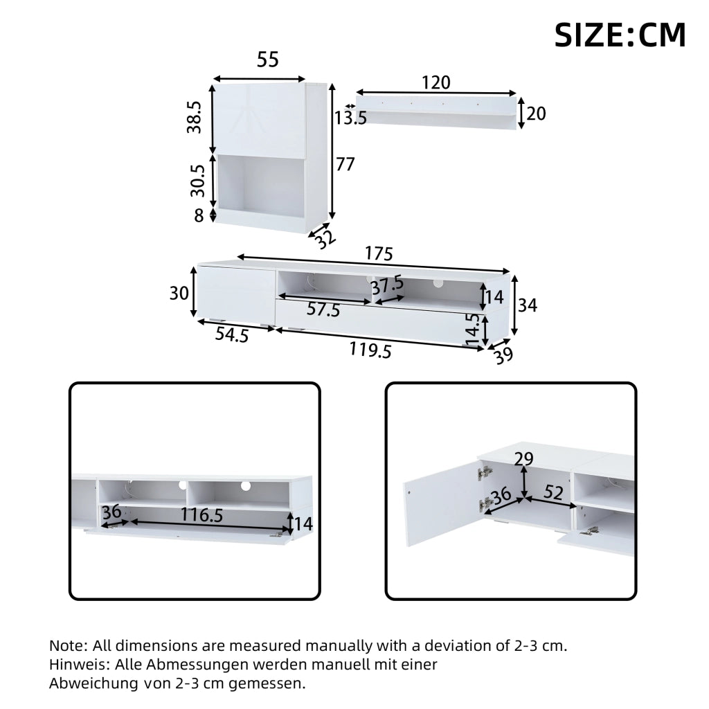 MOBILE TV Set da 3 pezzi 175 cm con LED Bianco lucido