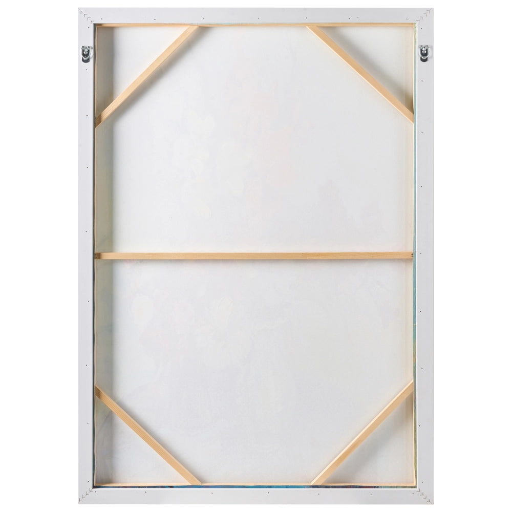 Quadro decorativo su tela blu con vaso di fiori, realizzato a mano con materiali sintetici e cornice in legno di pino, per il soggiorno