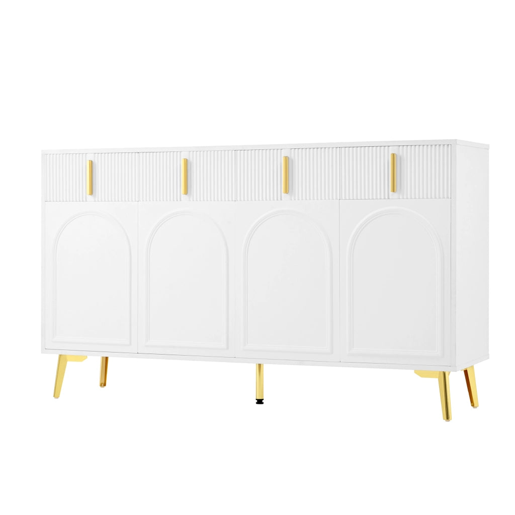 Sideboard moderno bianco 140 cm con 4 cassetti, 4 ante, ripiani regolabili e dettagli oro